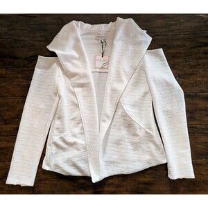 NWT Bisou Bisou L White Cold Shoulder Blazer Cardigan Jacket Textured Knit